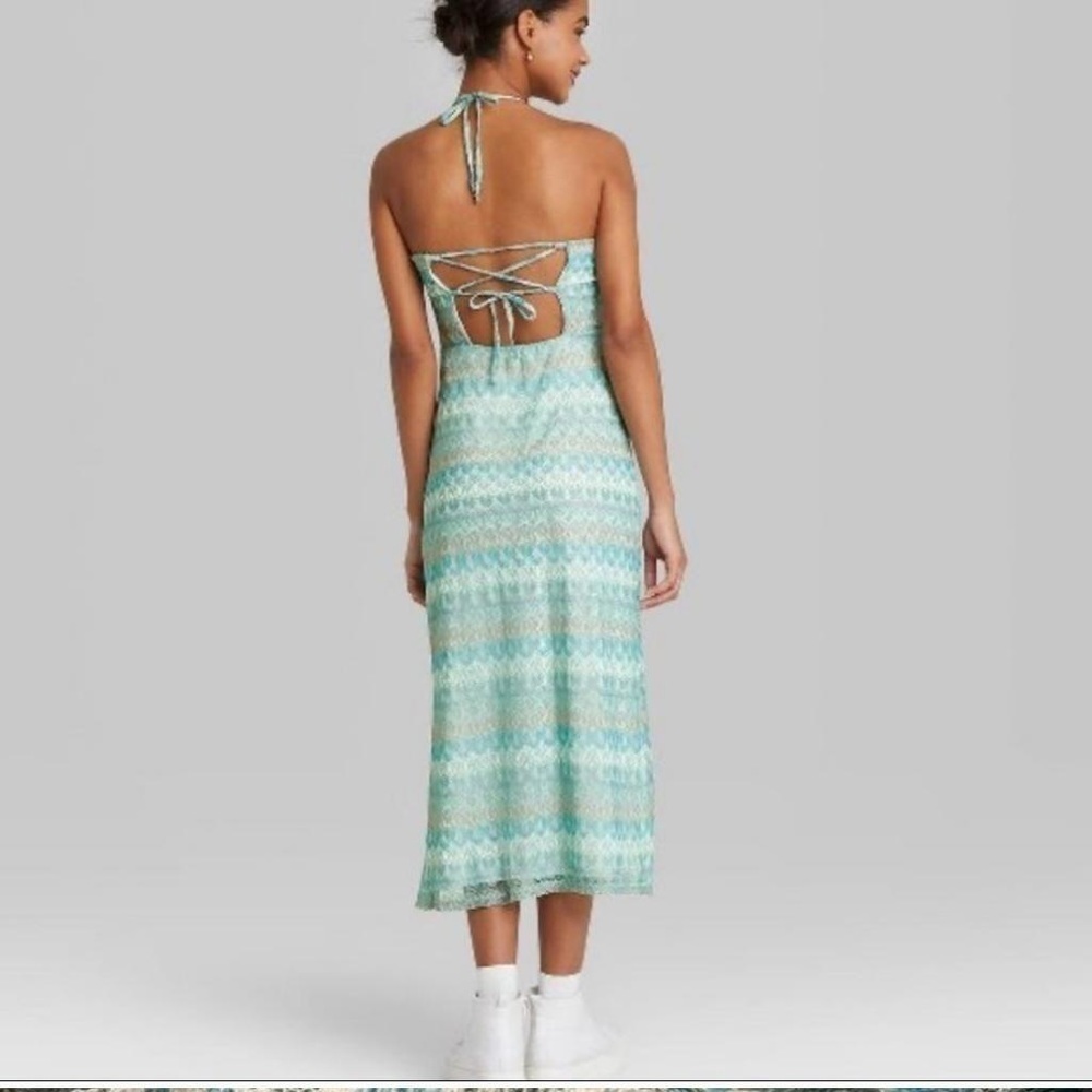 Women's Crochet Slip Dress Lace Up Back - Wild Fable Aqua Blue Size L Vacation - Picture 2 of 8